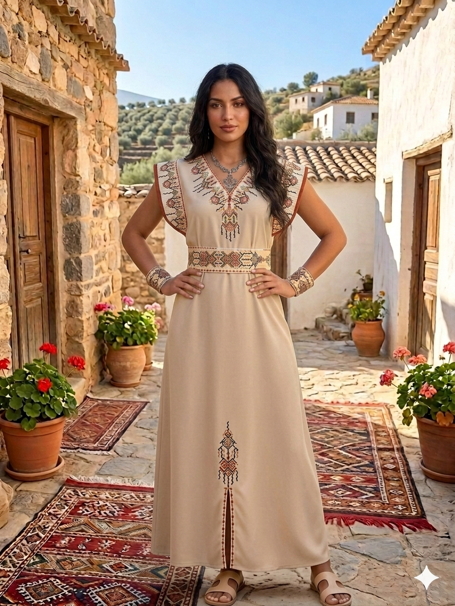 Robe Kabyle de Cérémonie "Thiziri" – Élégance Épurée & Épaules Structurées