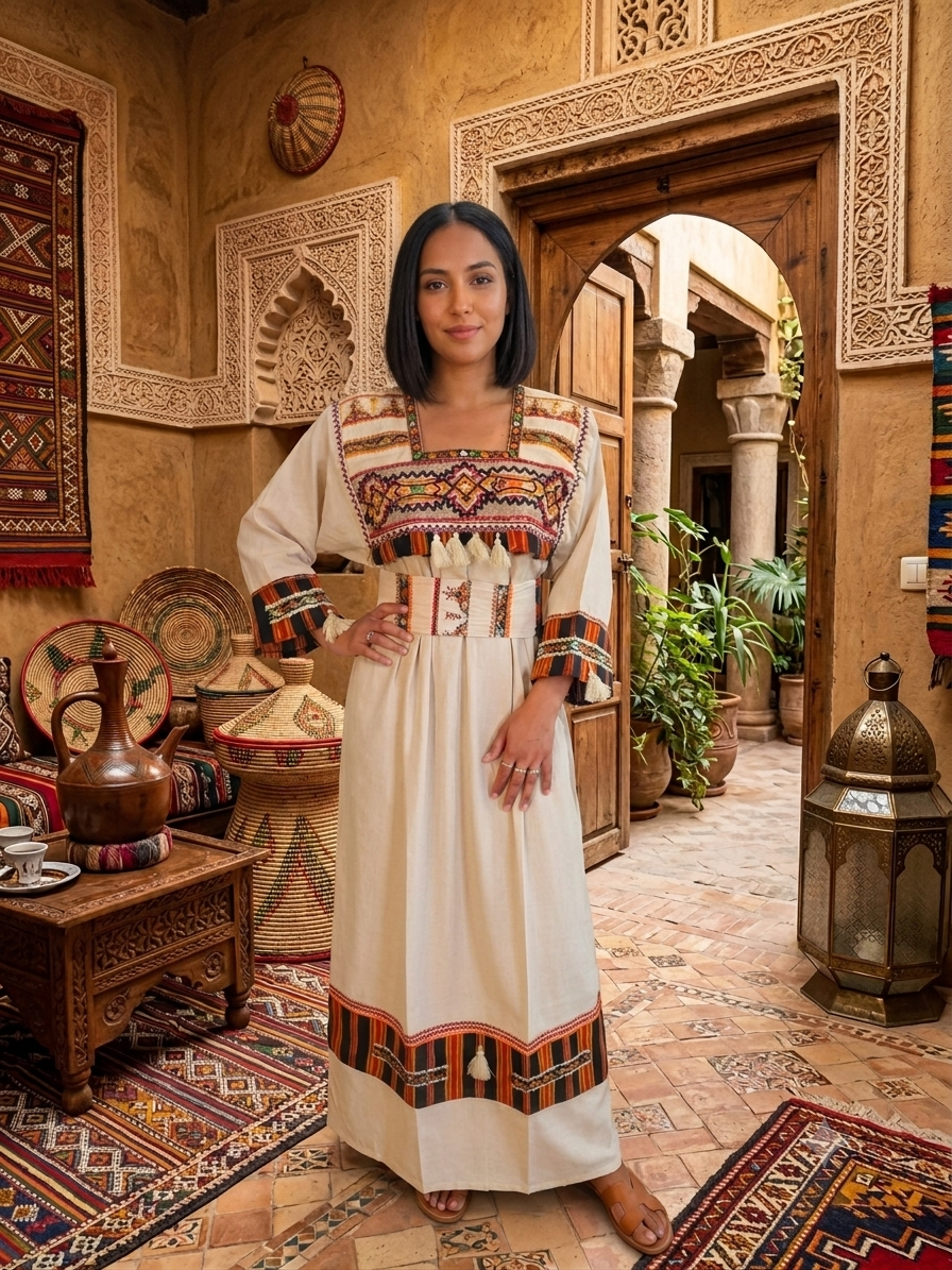 Robe Traditionnelle Kabyle aux Galons Colorés – "Louiza"