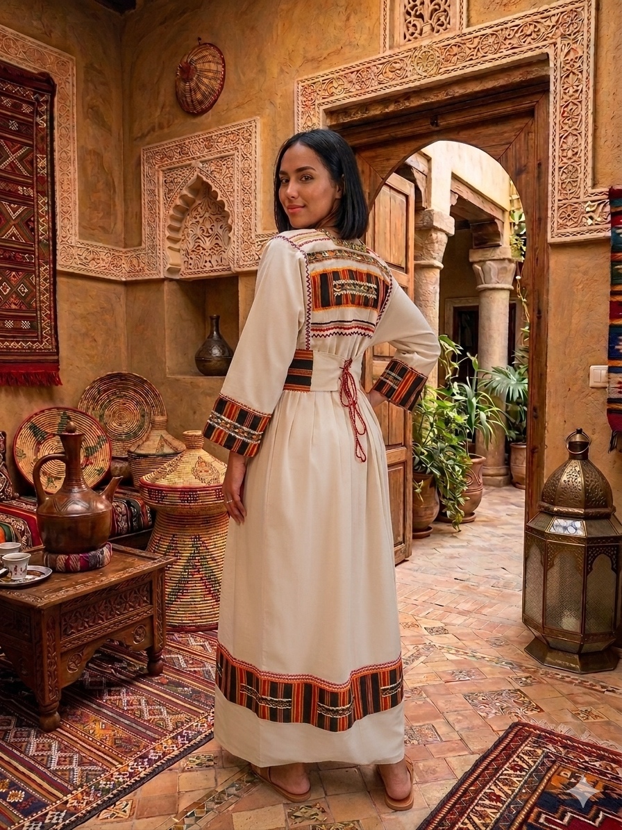 Robe Traditionnelle Kabyle aux Galons Colorés – "Louiza"