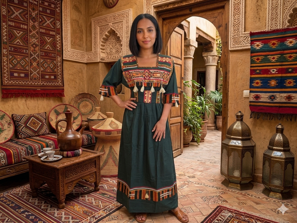 Robe Traditionnelle Kabyle aux Galons Colorés – "Louiza"