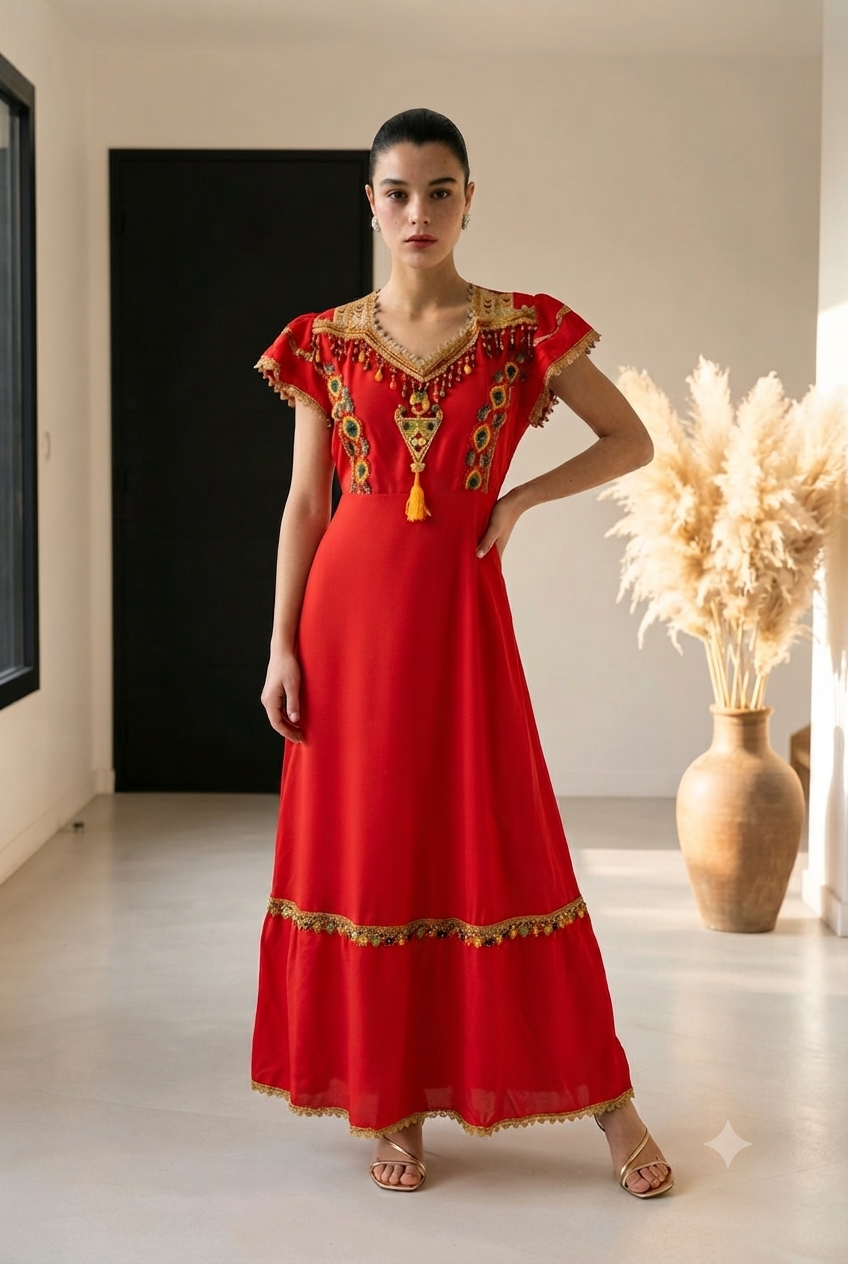 Robe Kabyle à Galons Traditionnelle & Pompons "Nadia"
