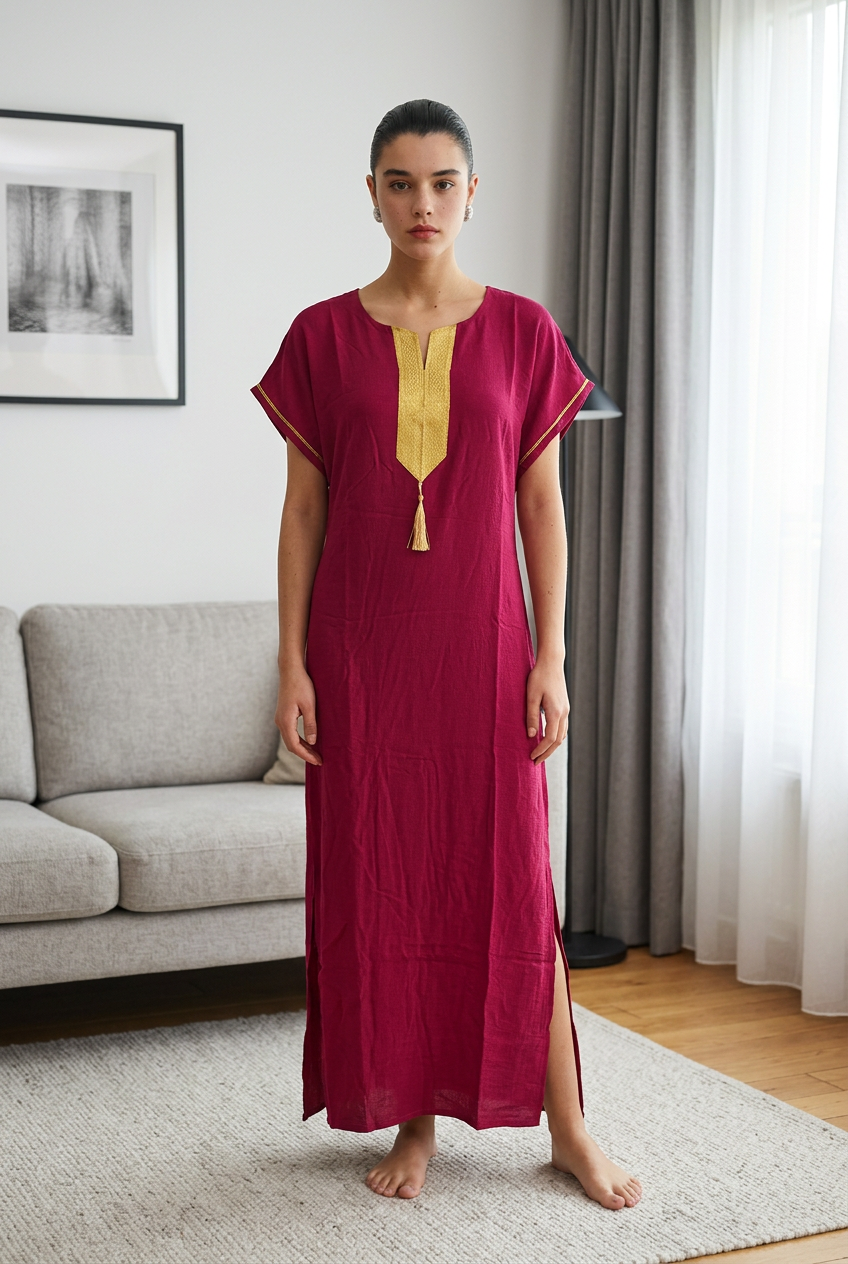 Robe Kabyle Simple à Col V Doré – Robe de maison
