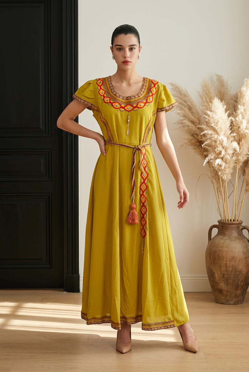 Robe Kabyle Longue avec Ceinture Tressée à Pompons – Robe Traditionnelle Berbère