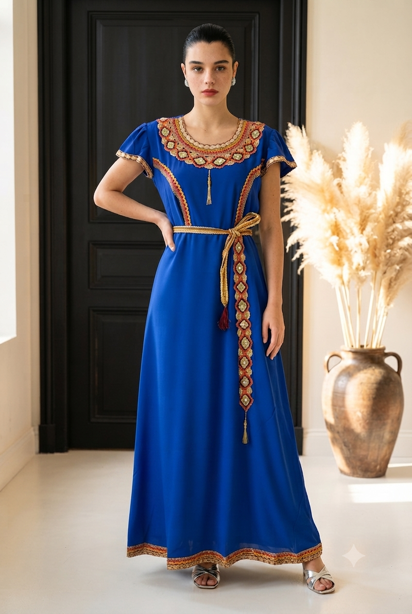 Robe Kabyle Longue avec Ceinture Tressée à Pompons – Robe Traditionnelle Berbère