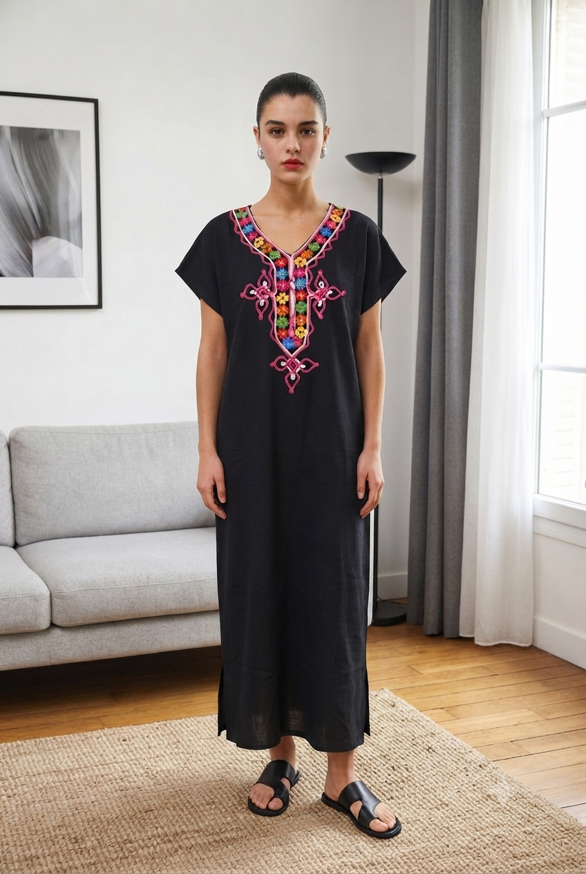 Robe Kabyle à galons Fleurs Multicolores "Nora"