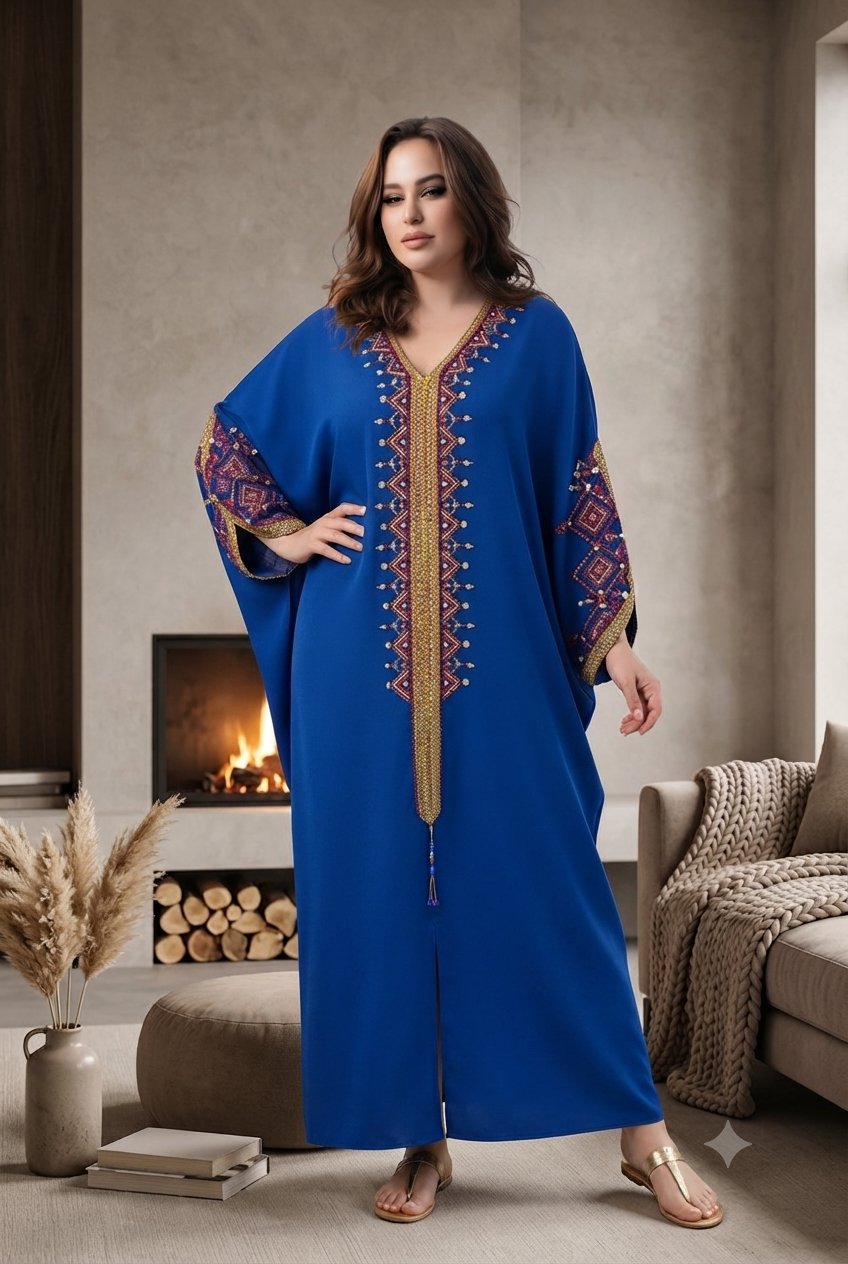 Robe Kabyle de Cérémonie Grande Taille "Dihya" – Broderie Berbère & Pompon