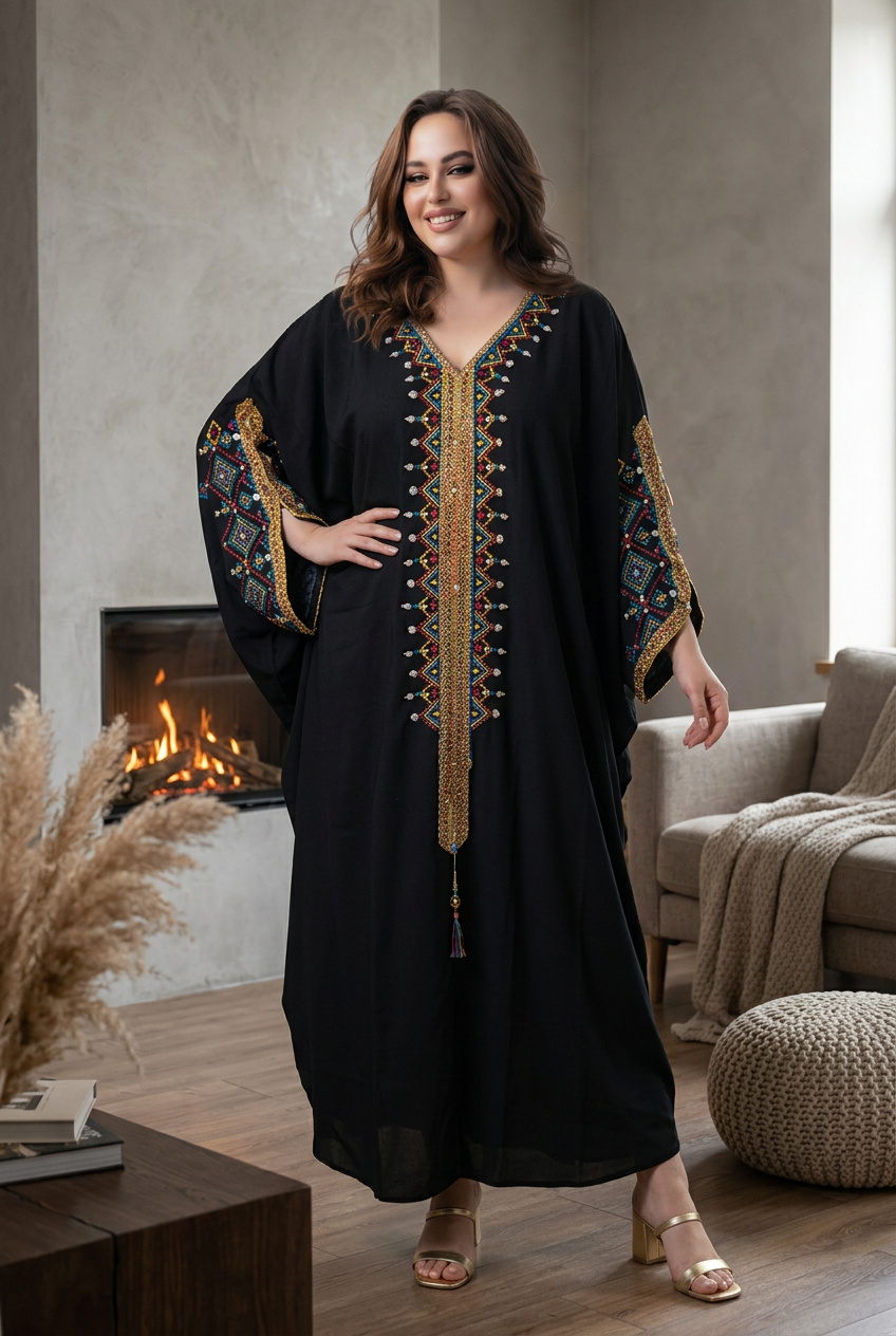 Robe Kabyle de Cérémonie Grande Taille "Dihya" – Broderie Berbère & Pompon