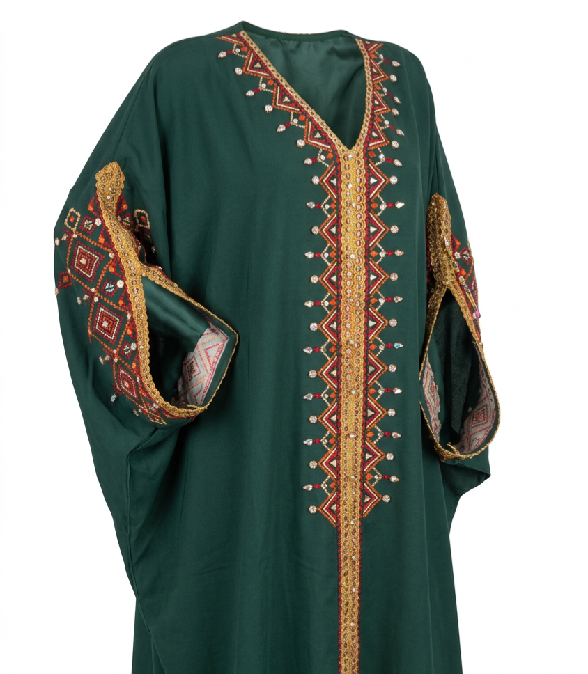 Robe Kabyle de Cérémonie Grande Taille "Dihya" – Broderie Berbère & Pompon