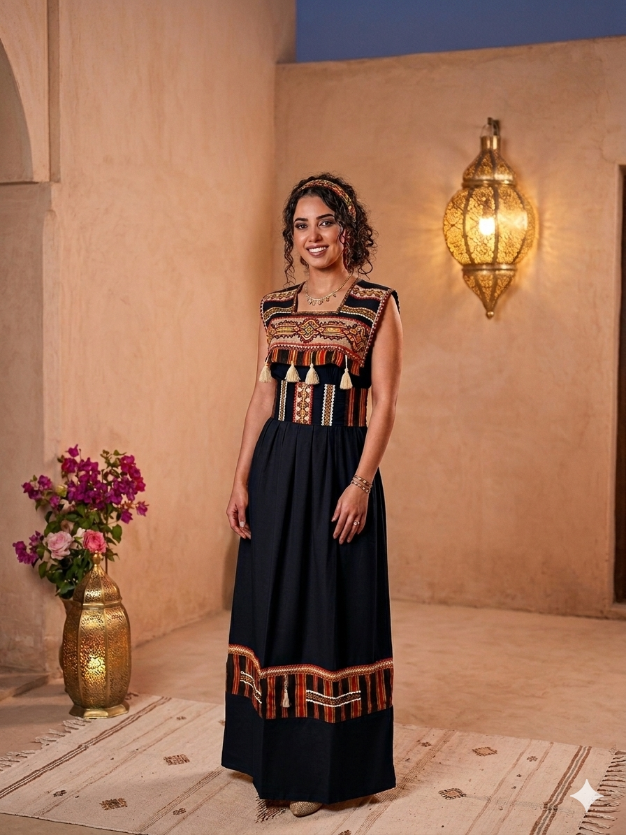 Robe Traditionnelle Kabyle aux Galons Colorés – "Louiza" sans manche