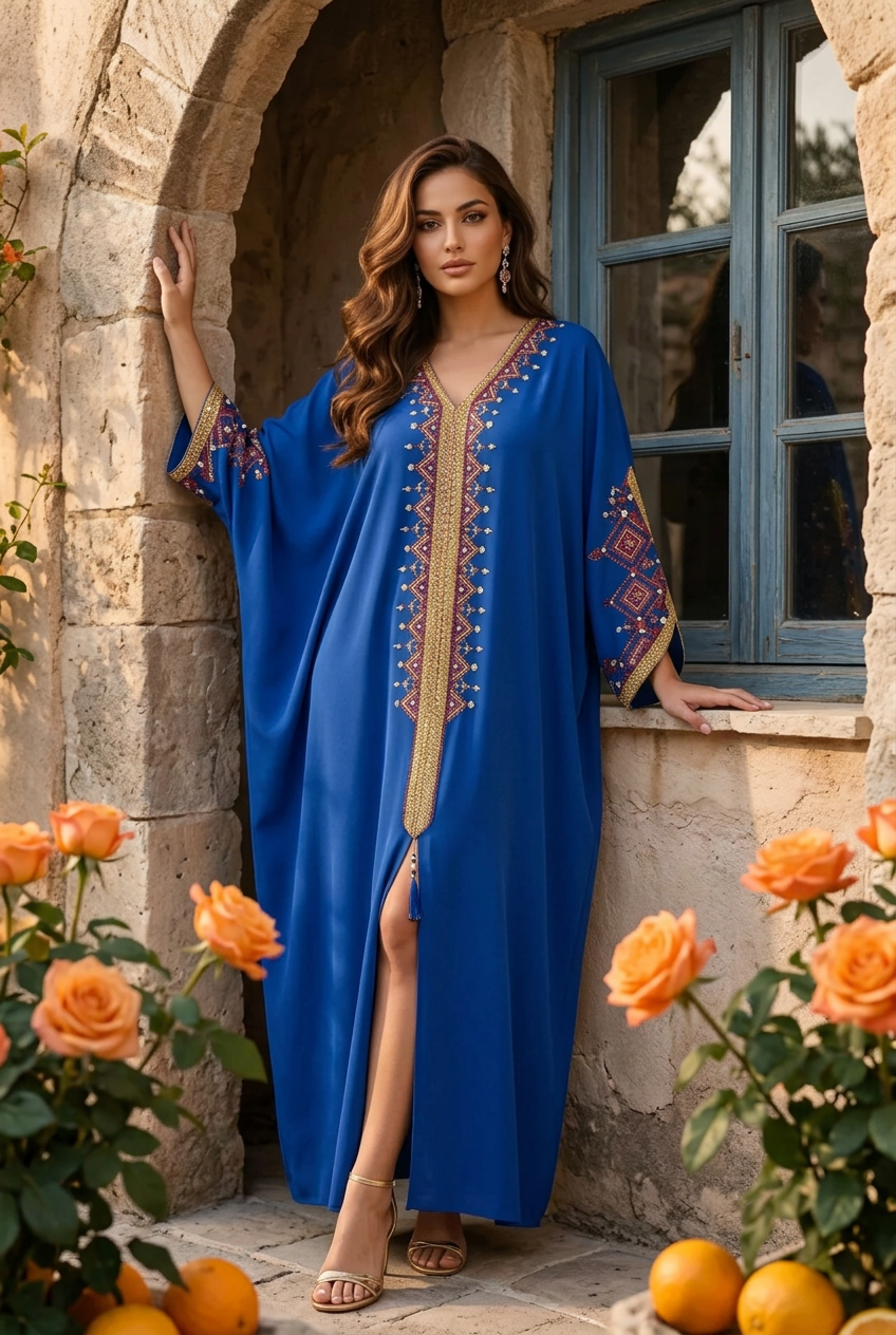 Robe Kabyle de Cérémonie Grande Taille "Dihya" – Broderie Berbère & Pompon